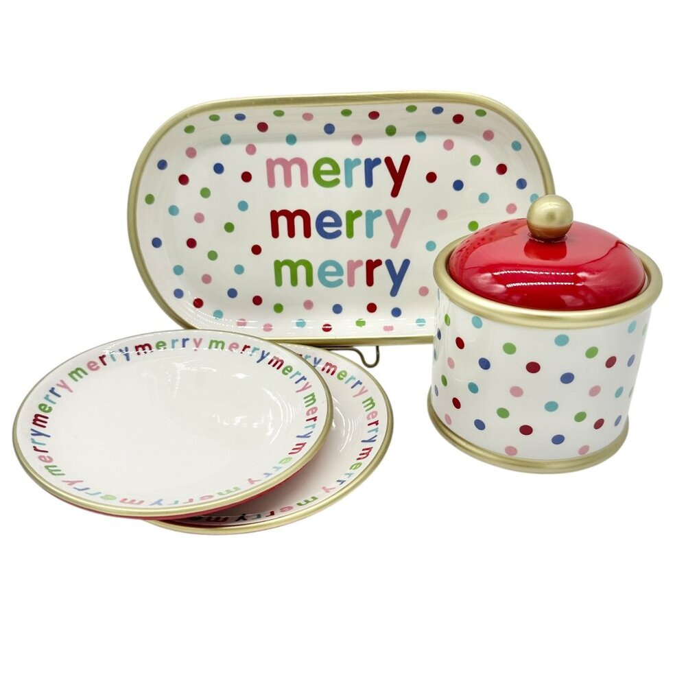 H For Happy Merry Merry Polka Dot Ceramic Serving Set 2 Plates 1 Tray 1 Canister